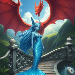 A female blue merfolk with elegantly shaped fish ears, standing on a bridge