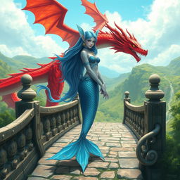 A female blue merfolk with elegantly shaped fish ears, standing on a bridge