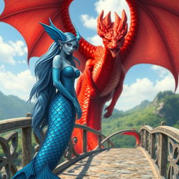 A female blue merfolk with elegantly shaped fish ears, standing on a bridge