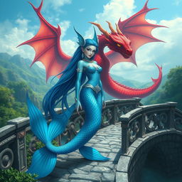 A female blue merfolk with elegantly shaped fish ears, standing on a bridge