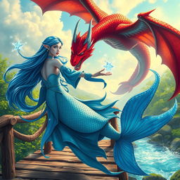 A captivating scene featuring a female blue merfolk wizard with shimmering scales and long flowing hair