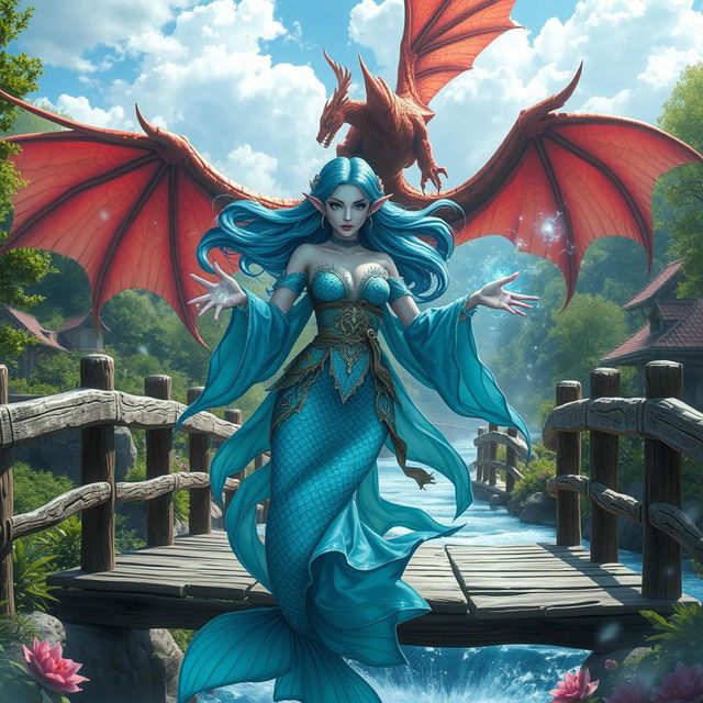 A captivating scene featuring a female blue merfolk wizard with shimmering scales and long flowing hair