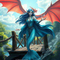 A captivating scene featuring a female blue merfolk wizard with shimmering scales and long flowing hair