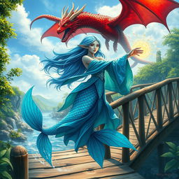 A captivating scene featuring a female blue merfolk wizard with shimmering scales and long flowing hair