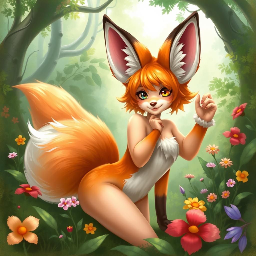 A fantastical fox girl character, featuring orange and white fur, large bushy ears, and a fluffy tail