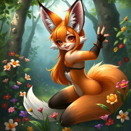 A fantastical fox girl character, featuring orange and white fur, large bushy ears, and a fluffy tail