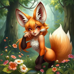 A fantastical fox girl character, featuring orange and white fur, large bushy ears, and a fluffy tail