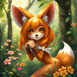 A fantastical fox girl character, featuring orange and white fur, large bushy ears, and a fluffy tail