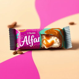 A beautifully designed wrapper for an alfajor, showcasing a rich chocolate coating and a creamy filling