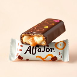 A beautifully designed wrapper for an alfajor, showcasing a rich chocolate coating and a creamy filling