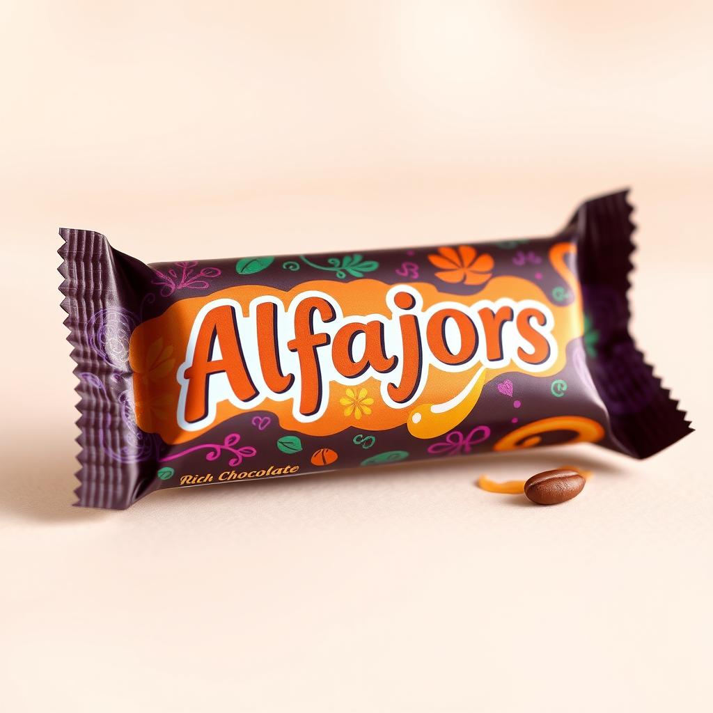 A beautifully designed wrapper for an alfajor, showcasing a rich chocolate coating and a creamy filling
