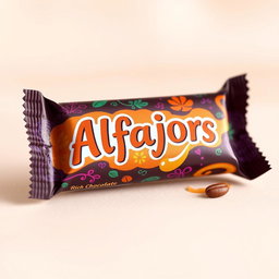 A beautifully designed wrapper for an alfajor, showcasing a rich chocolate coating and a creamy filling