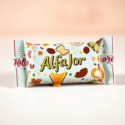 A beautifully designed wrapper for an alfajor, showcasing a rich chocolate coating and a creamy filling
