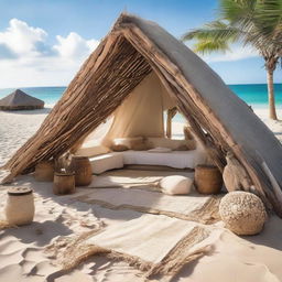 A breathtaking architectural tent, crafted intricately from pieces of driftwood and set on a serene, sandy beach with a gently lapping ocean in the backdrop.