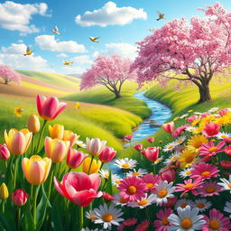 A vibrant spring landscape filled with blooming flowers in a kaleidoscope of colors, including bright pinks, sunny yellows, and rich greens