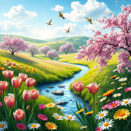 A vibrant spring landscape filled with blooming flowers in a kaleidoscope of colors, including bright pinks, sunny yellows, and rich greens