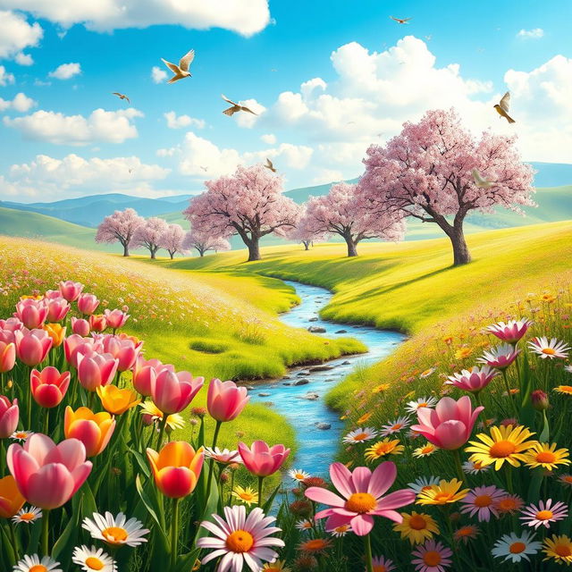 A vibrant spring landscape filled with blooming flowers in a kaleidoscope of colors, including bright pinks, sunny yellows, and rich greens