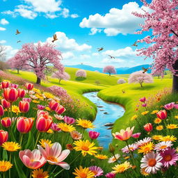 A vibrant spring landscape filled with blooming flowers in a kaleidoscope of colors, including bright pinks, sunny yellows, and rich greens