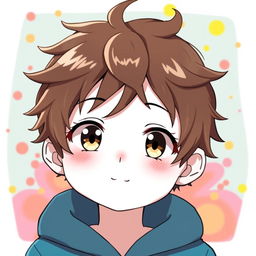 A cute anime boy with white skin, messy brown hair, and brown eyes, wearing a cyan hoodie