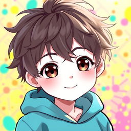 A cute anime boy with white skin, messy brown hair, and brown eyes, wearing a cyan hoodie
