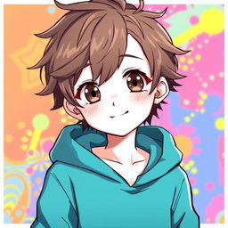 A cute anime boy with white skin, messy brown hair, and brown eyes, wearing a cyan hoodie