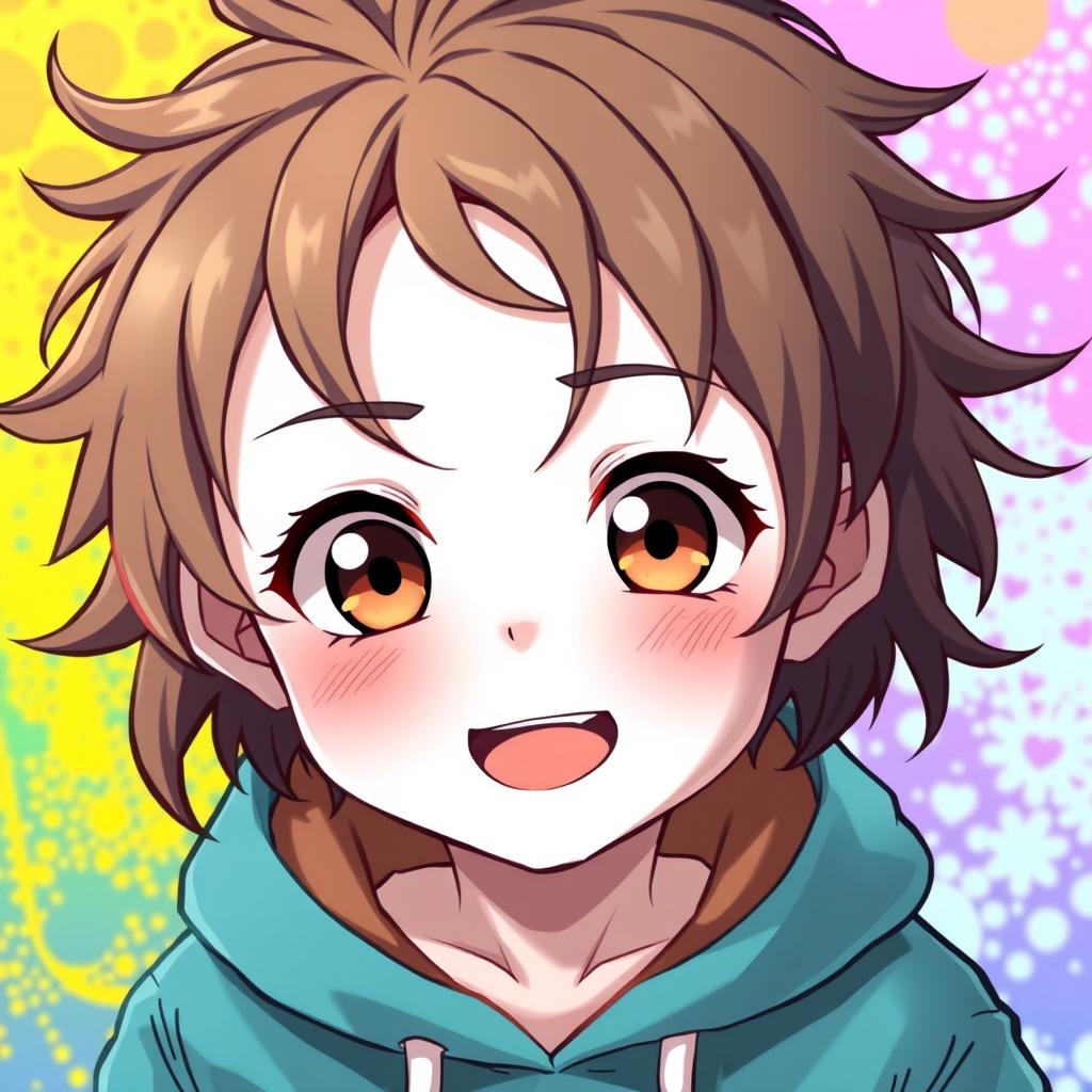 A cute anime boy with white skin, messy brown hair, and brown eyes, wearing a cyan hoodie