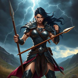 A powerful female fighter with dark hair, standing confidently in a dynamic pose
