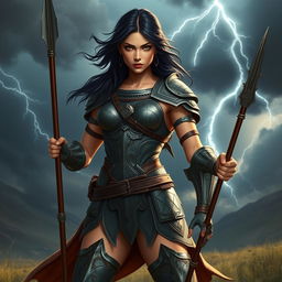 A powerful female fighter with dark hair, standing confidently in a dynamic pose