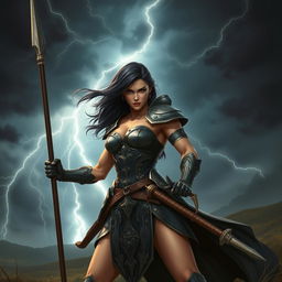 A powerful female fighter with dark hair, standing confidently in a dynamic pose