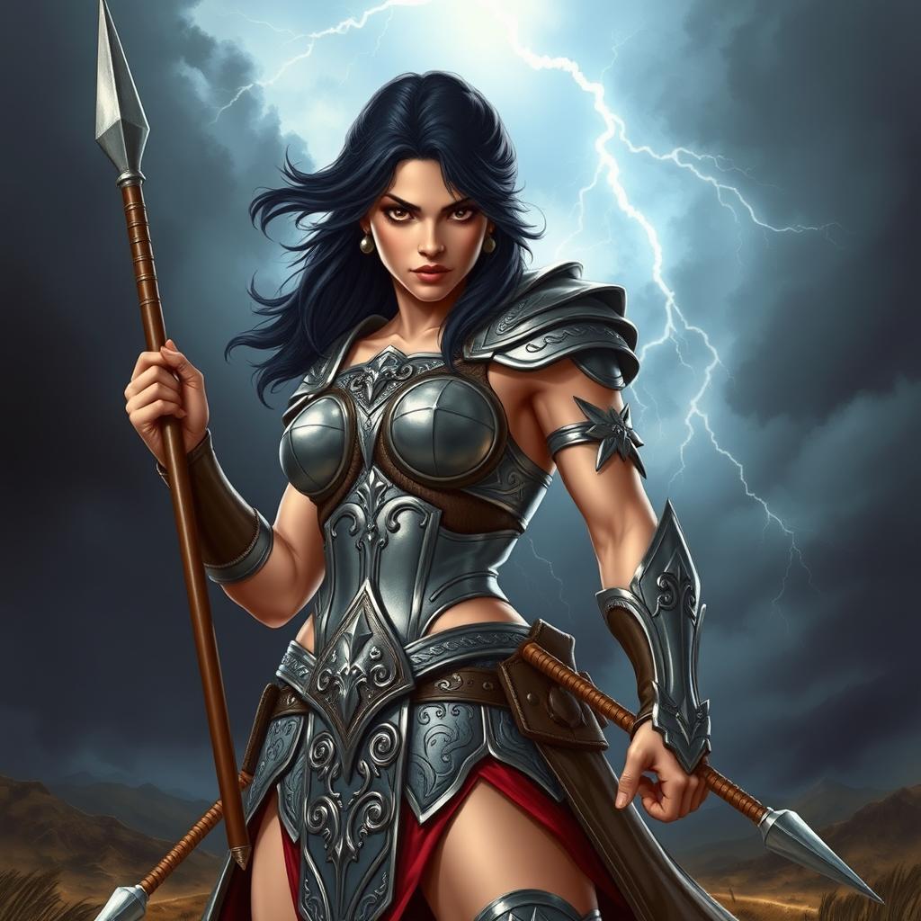 A powerful female fighter with dark hair, standing confidently in a dynamic pose