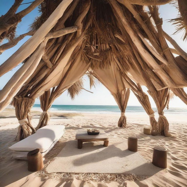 A breathtaking architectural tent, crafted intricately from pieces of driftwood and set on a serene, sandy beach with a gently lapping ocean in the backdrop.