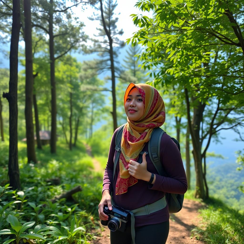 A Malay woman wearing a colorful hijab enjoys a scenic hiking trail in a lush green forest