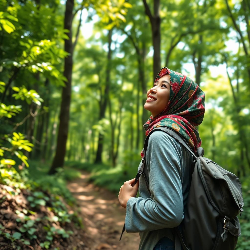 A serene hiking scene featuring a Malay woman wearing a colorful hijab, enjoying the lush greenery of a forest trail