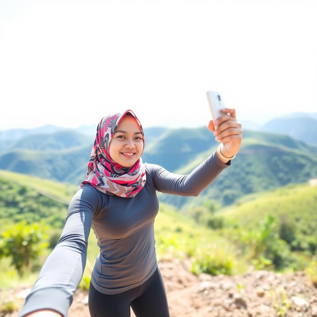 A young Malay woman wearing a colorful hijab and a tight-fitting t-shirt, standing in a picturesque landscape while taking a selfie