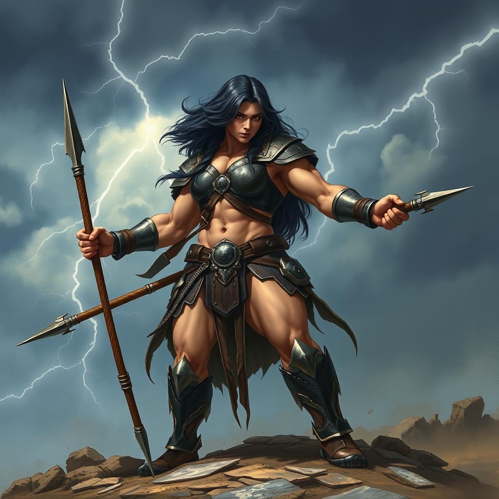 A muscular, large female fighter with dark hair, showcasing her strength and determination
