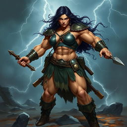 A muscular, large female fighter with dark hair, showcasing her strength and determination