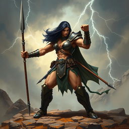 A muscular, large female fighter with dark hair, showcasing her strength and determination