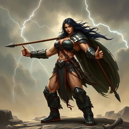 A muscular, large female fighter with dark hair, showcasing her strength and determination