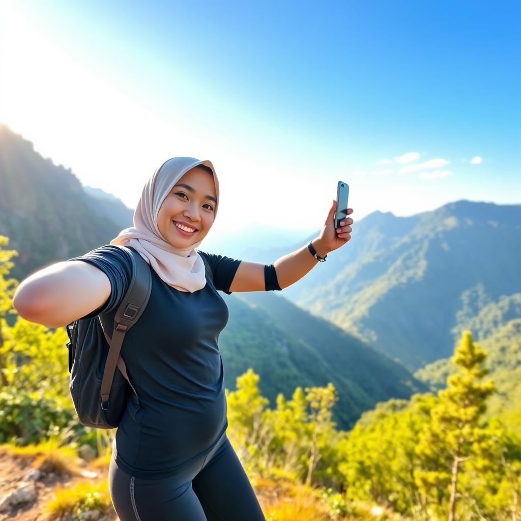 A young Malay woman wearing a stylish hijab, posing for a selfie while hiking in a scenic outdoor setting