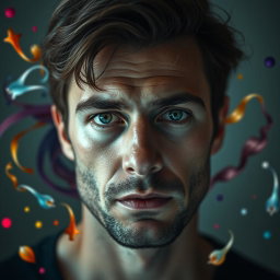 A 35-year-old man with an indifferent and cold gaze, his eyes reflect worlds in constant flux, colorful and vibrant yet fleeting