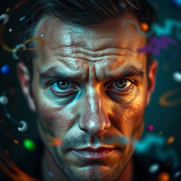 A 35-year-old man with an indifferent and cold gaze, his eyes reflect worlds in constant flux, colorful and vibrant yet fleeting