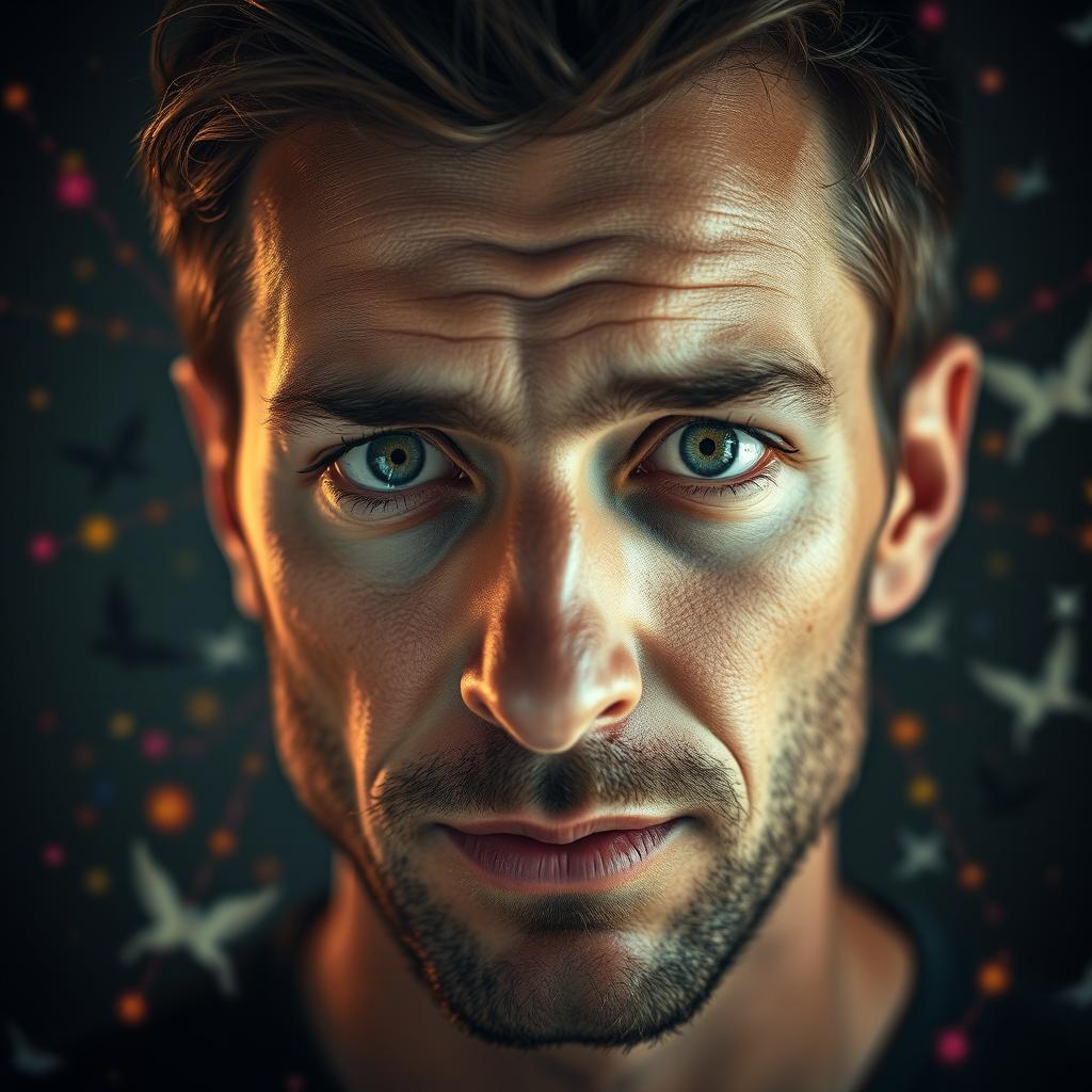 A 35-year-old man with an indifferent and cold gaze, his eyes reflect worlds in constant flux, colorful and vibrant yet fleeting