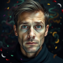A 35-year-old man with an indifferent and cold gaze, his eyes reflect worlds in constant flux, colorful and vibrant yet fleeting