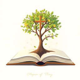 A serene image depicting a tree or plant flourishing from an open book, with vibrant small leaves and delicate flowers symbolizing a child's growth and development