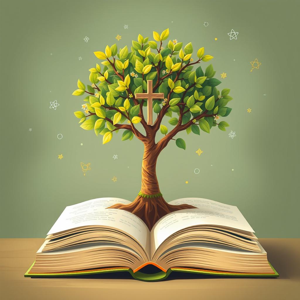 A serene image depicting a tree or plant flourishing from an open book, with vibrant small leaves and delicate flowers symbolizing a child's growth and development