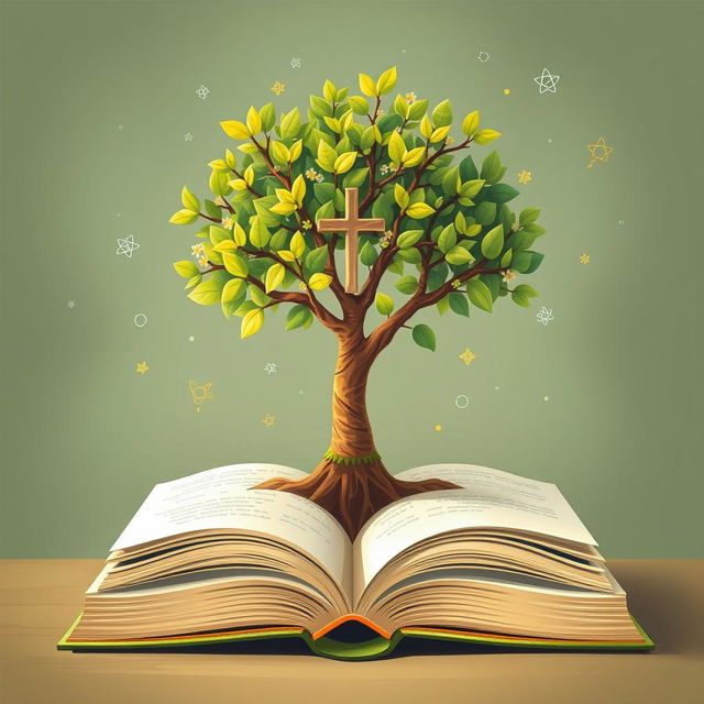A serene image depicting a tree or plant flourishing from an open book, with vibrant small leaves and delicate flowers symbolizing a child's growth and development