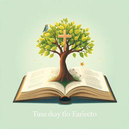 A serene image depicting a tree or plant flourishing from an open book, with vibrant small leaves and delicate flowers symbolizing a child's growth and development