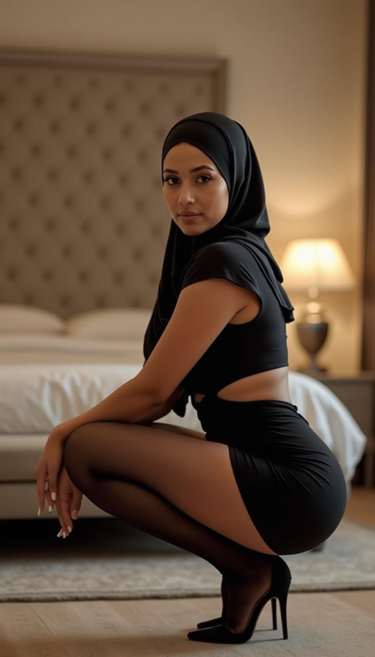 A classy 47-year-old woman wearing an elegant hijab, flaunting a stunning body with large breasts and a curvy shape