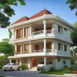 A stunning two-level house, in glorious Assam style design, adorned with a sheet on the first floor and a charming balcony area.