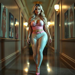 A full-length photograph of a sexy, stunning, beautiful, curvy young woman with a round face, long blond hair, and captivating crystal green eyes